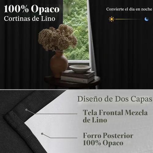 Vista 2 de Juego de 2 paneles de cortinas plisadas negras de 80 pulgadas para sala de estar, cortinas plisadas de lino con forro de 80 pulgadas de largo, 100%