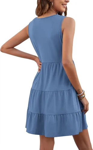 Vista 4 de PLMOKEN Vestido tipo túnica de verano sin mangas con cuello en V y botones para mujer