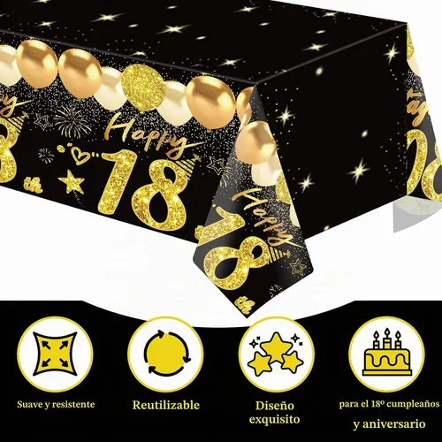 Vista 6 de Uiorgui 2 piezas mantel de cumpleaños número 18, mantel de cumpleaños número 18 negro dorado para niños y niñas, mantel de plástico rectangular