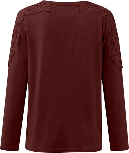 Vista 5 de Camisas de manga larga para mujer, estilo casual, cuello redondo, color liso, ajuste cómodo, con encaje hueco