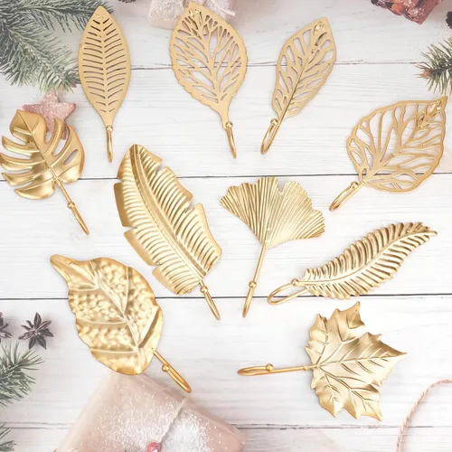 Vista 6 de 10 ganchos decorativos de pared con hojas doradas, ganchos para colgar abrigos, toallas, sombreros, perchas de metal para montaje en pared