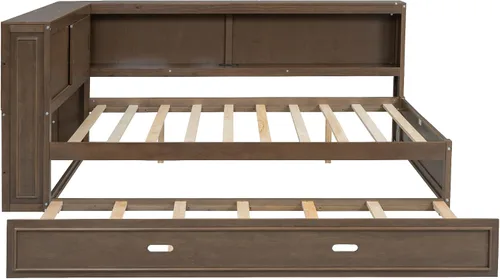 Vista 5 de SOFTSEA Sofá cama esquinera de tamaño matrimonial con nido y estantería, sofá cama en forma de L con luces LED y puertos USB, marco de cama Antique