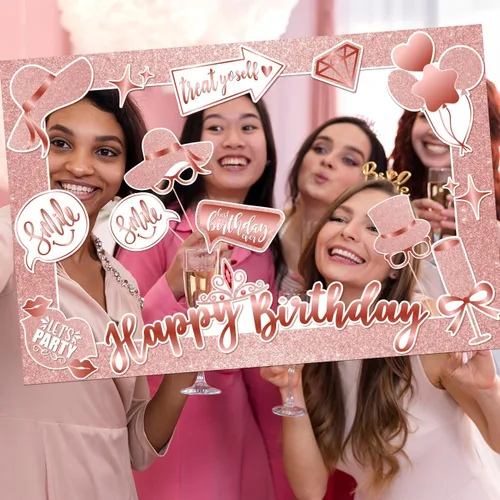 Vista 2 de Accesorios para cabina de fotos de feliz cumpleaños, marco de selfie de cabina de fotos de fiesta de oro rosa y accesorios para decoraciones