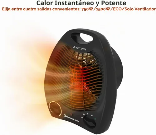 Vista 5 de Comfort Zone Calentador de Espacio Portátil Eléctrico de Ventilador Forzado con Termostato Ajustable, Sensor de Sobrecalentamiento, Interruptor