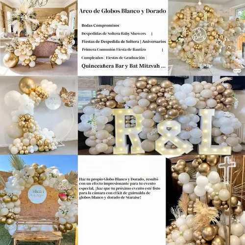 Vista 3 de Kit de guirnalda de globos de oro blanco – Kit de arco de globos de látex blanco y dorado, pared de globos de oro blanco para cumpleaños, baby