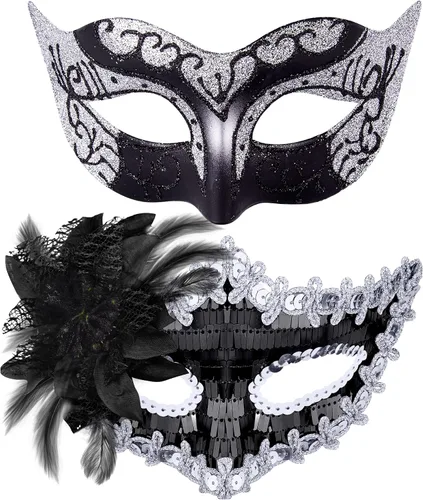 Vista 25 de Juego de Máscaras para Pareja de SIQUK, Máscara de Fiesta Veneciana, Máscara de Disfraz