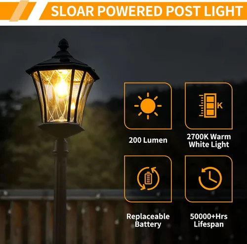 Vista 5 de LUTEC Lámpara de poste solar para exteriores, luz del anochecer al amanecer, poste impermeable con vidrio estampado, accesorios de luz solar