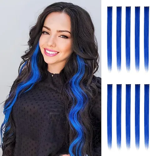 Vista 12 de FESHFEN Juego de 12 extensiones de cabello con clip, color negro, con clip, con purpurina, kit de accesorios coloridos para mujeres, de 20 pulgadas