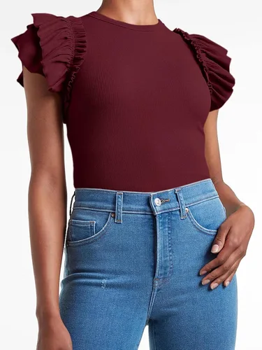 Vista 2 de Camisas de manga corta con volantes para mujer, ajuste entallado, cuello alto, punto acanalado