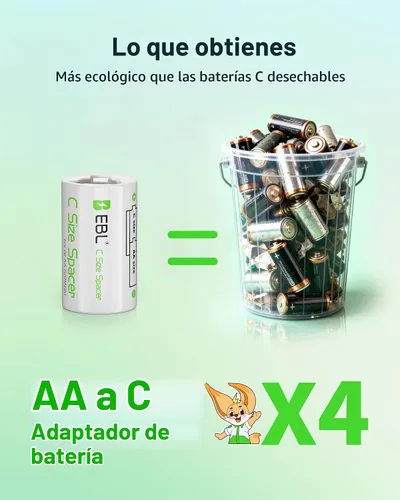 Vista 4 de EBL Adaptadores de batería de tamaño C, espaciador de batería de tamaño AA a C, paquete de 4