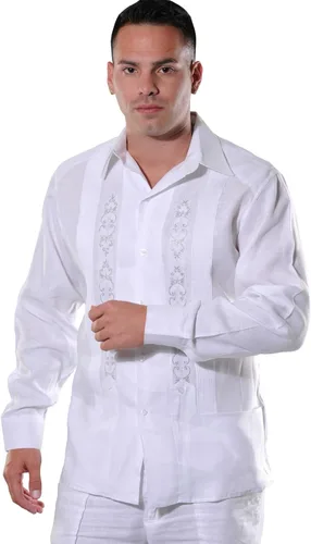 Vista 6 de Camisa de lino guayabera de boda para hombre. Ajustada. Embrioderado. Permitir gemelos. Blanco