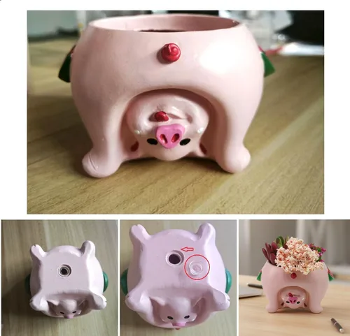 Vista 6 de Adorable Maceta para Suculentas en Forma de Cerdo con Orificio de Drenaje - Soporte para Lápices y Pinceles - Linda Maceta Decorativa de Resina