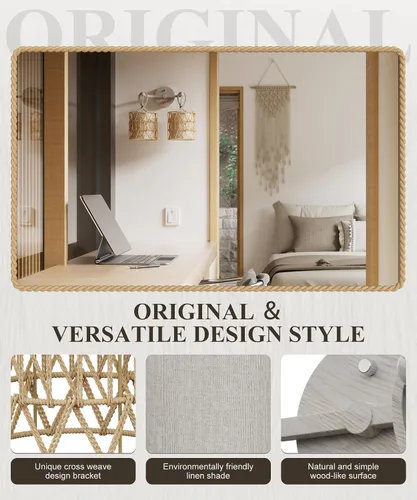 Vista 6 de N12-3 Aplique de pared de ratán bohemio de dos luces, accesorios de tocador para espejo, pantalla tejida en cruz y lámpara de pared cableada