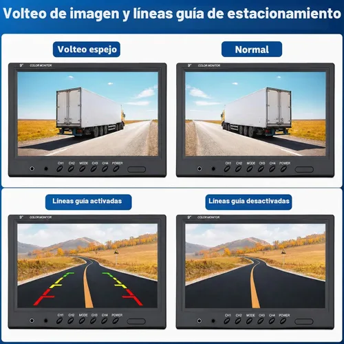 Vista 2 de Cámara de respaldo para vehículo, Camecho de 9 pulgadas, 4 monitores divididos + 4 cámaras con cámara de visión frontal y trasera, 18 IR de visión
