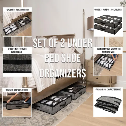 Vista 3 de Organizador de almacenamiento de zapatos debajo de la cama, juego de 2 para 24 zapatos, desliza este resistente organizador de zapatos debajo