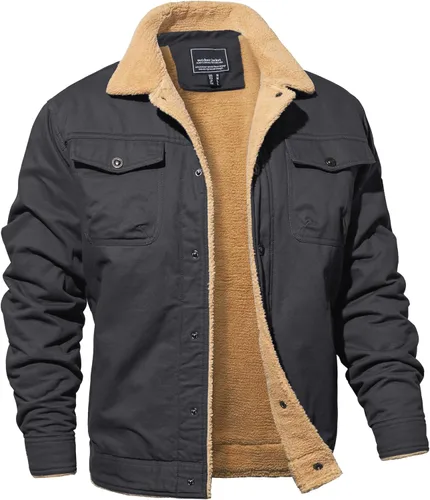 Vista 8 de MAGNIVIT Chaqueta cargo de algodón para hombre, chaqueta de trabajo con forro polar Sherpa de invierno con 5 bolsillos
