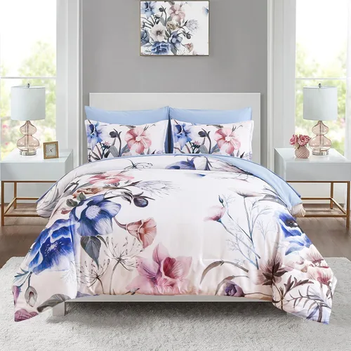Vista 18 de Luxudecor Juego de edredón floral tamaño individual de 7 piezas, cama de flores aguamarina en una bolsa, elegante edredón floral degradado con juego