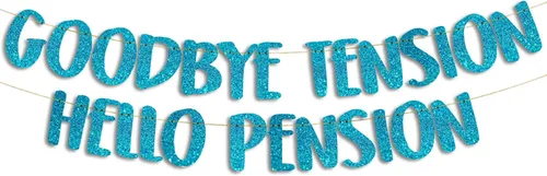 Vista 9 de Cartel de purpurina dorada preencordada de Goodbye Tension Hello Pension - Divertidas decoraciones de jubilación para hombres y mujeres