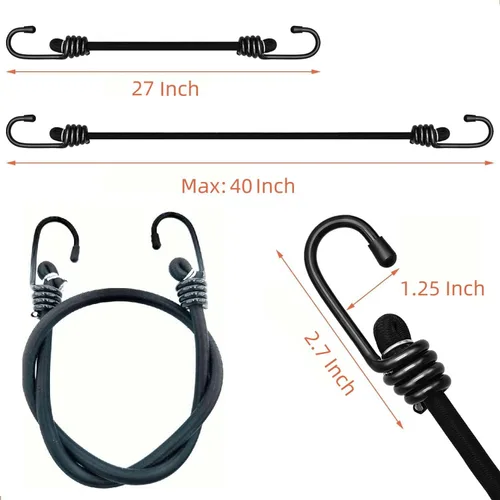 Vista 5 de cuerdas elásticas de 27 pulgadas resistentes para exteriores, cuerdas elásticas negras en ambos extremos con ganchos, lazos de goma duraderos