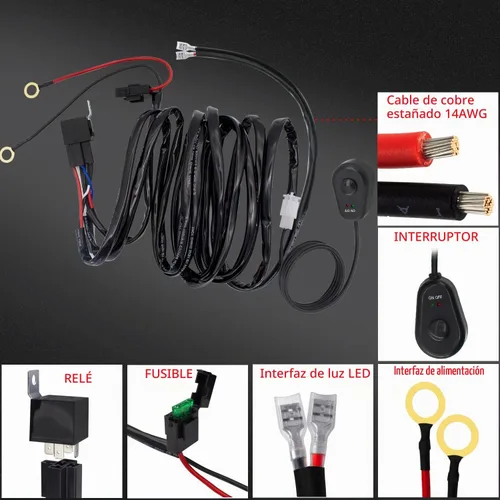 Vista 3 de Kit de arnés de cableado de barra de luces LED, interruptor de encendido y apagado DC12V, fusible de cuchilla de relé de alimentación de 14 AWG, kit