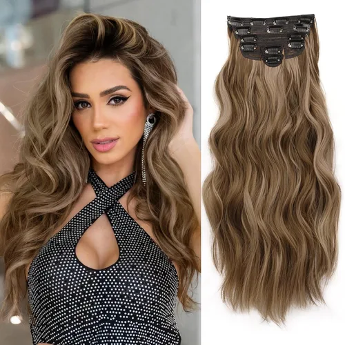 Vista 11 de NAYOO - Extensiones de cabello con clip, extensiones sintéticas onduladas de 20 pulgadas, 6 unidades Wavy Curly Hair, Full Head Coverage, Heat