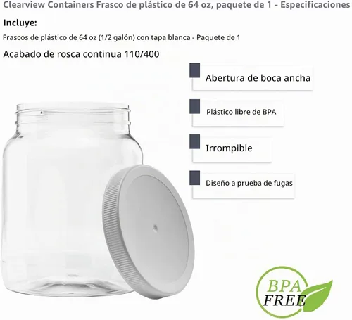 Vista 4 de Tarro de plástico de 64 oz (1/2 galón), tapa blanca, paquete de 1