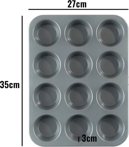 Vista 5 de KB1003 - Bandeja antiadherente de teflón para 12 tazas, longitud de lata, 13.8 in x 10.6 in de ancho, acero al carbono para magdalenas o cupcakes