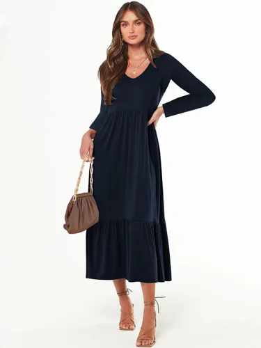 Vista 5 de Paintcolors Vestido largo casual de manga larga con cuello en V para mujer, vestido escalonado, color sólido, holgado, con vuelo, vestido midi
