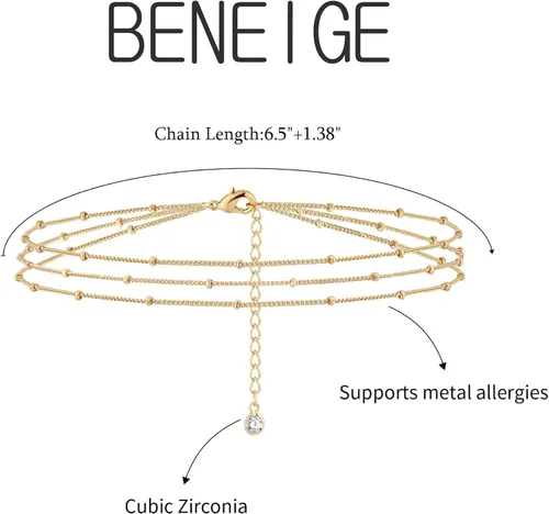 Vista 6 de BENEIGE - Pulsera para mujer, chapada en oro de 14 quilates, cuentas de satélite, perlas ovaladas, cadena con dijes en capas, hecha a mano