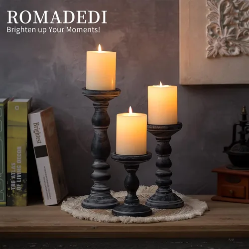 Vista 2 de Portavelas para Velas de Pilar: Romadedi Juego de 3 Portavelas Decorativos de Madera, Soporte de Vela de Madera Rústica para Repisa de Chimenea Mesa