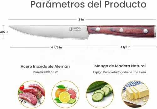Vista 6 de Juego de 6 cuchillos de carne de alta calidad en caja de regalo, mango de madera pulida, acero inoxidable alemán HC, borde recto, no dentado