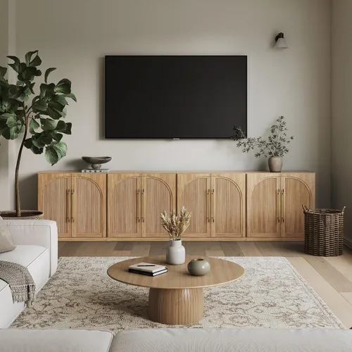Vista 61 de BELLEZE Centro de entretenimiento modular de 4 piezas con almacenamiento, 2 vitrinas de madera moderna con gabinete arqueado y 2 armarios de puerta