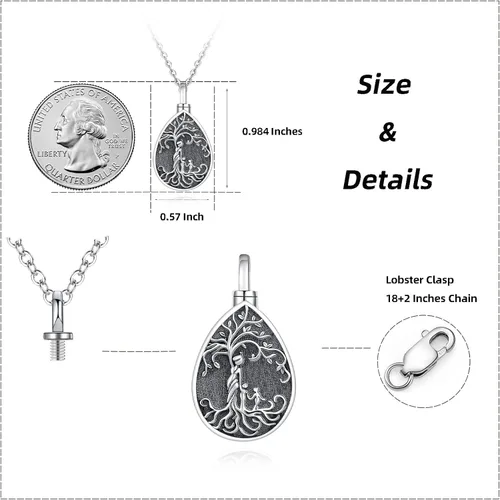 Vista 72 de Collar con colgante de urna de cenizas de cremación y árbol de la vida para mujer, plata de ley US1
