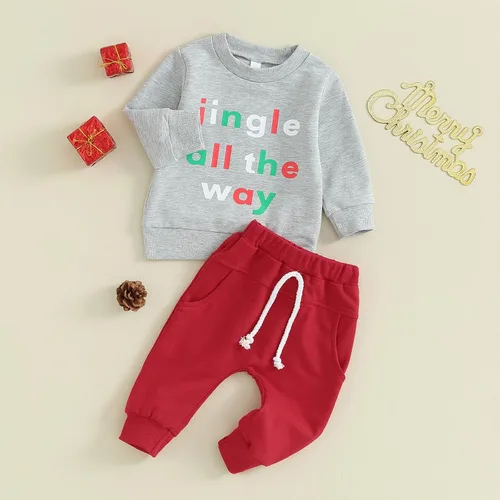 Vista 6 de Muasaaluxi Traje de Navidad para bebé recién nacido, con estampado de árbol de Navidadletras, pantalones deportivos, 2 piezas, trajes de otoño 0-3T