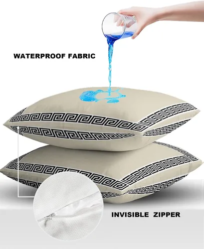 Vista 3 de Fundas de almohada modernas geométricas impermeables para exteriores, diseño abstracto de clave griega, color negro, blanco, fundas de cojín Beige