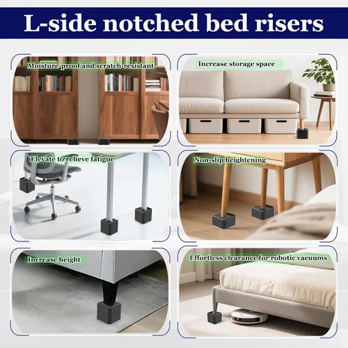 Vista 5 de Elevadores de cama resistentes, bloques elevadores de muebles ajustables de 1.5, 3, 4.3 pulgadas para patas de sofá, mesa, escritorio, refrigerador