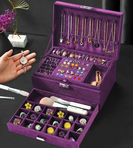 Vista 6 de Cajas de Joyería para Mujeres Morado Organizador de Joyas de Terciopelo con Cerradura, Organizadores de Joyas para Adolescentes y Caja Organizadora