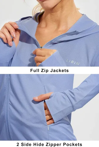 Vista 3 de Libin sudadera con capucha para mujer, con cremallera completa, UPF 50+, capucha con protección solar, de manga larga, para senderismo