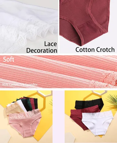 Vista 5 de Knowyou Ropa interior de algodón para mujer, bikini de cintura de encaje, transpirable, hipster, paquete de 7