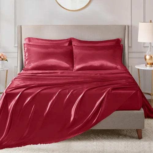 Vista 305 de Madison Park Essentials - Juego de sábanas de satén de lujo y sedoso con brillo natural, bolsillo elástico de 14 pulgadas para colchones de hasta 16