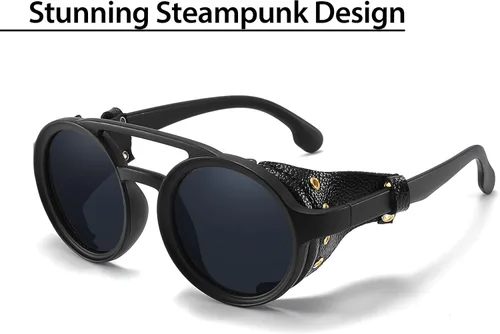 Vista 3 de Technigadgets Finnegan Steampunk - Lentes de sol retro para hombre y mujer, con escudo lateral de cuero, doble puente de plástico, marco