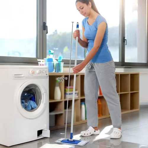 Vista 2 de Trapeadores planos de microfibra para limpieza de suelos con 4 almohadillas lavables para mopa de 57 pulgadas de mango largo, mopas húmedas y secas