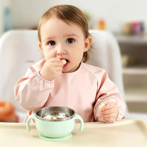 Vista 4 de SPINFOX Paquete de 2 batas de bebé para comer, babero a prueba de desorden, baberos impermeables para bebés de 6 a 24 meses