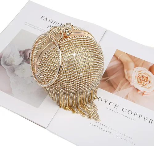 Vista 8 de GUOZI Bolso redondo para mujer con borla con diamantes de imitación para boda fiesta