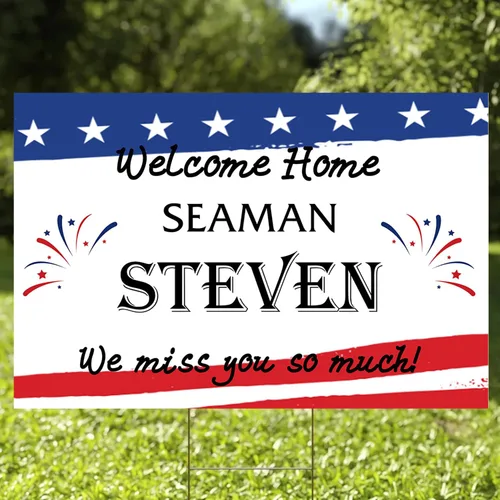 Vista 10 de Letrero militar personalizado de bienvenida a casa para patio con foto, cartel personalizado con nombre e imagen al aire libre para soldado, marino