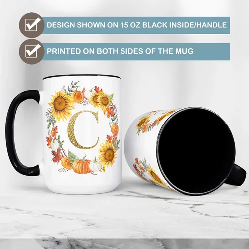 Vista 6 de Taza de café de cerámica personalizada con inicial de otoño, 11 o 15 onzas