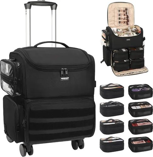 Vista 10 de Relavel Estuche de tren de maquillaje rodante, estuche de cosmetología sobre ruedas con 4 bolsas transparentes, bolsas profesionales para Negro