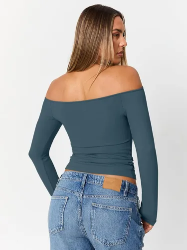 Vista 6 de Trendy Queen Camisetas básicas sexy para mujer con hombros descubiertos Azul