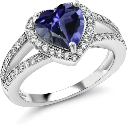 Vista 15 de Gem Stone King Anillo de halo de moissanita blanca y piedra natal de corazón de 0.315 in para mujer, plata de ley 925, joyería para aniversario