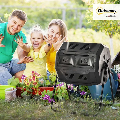 Vista 2 de Outsunny Cubo de compostaje giratorio para exteriores 360° de doble cámara, contenedor de compost de 43 galones, negro